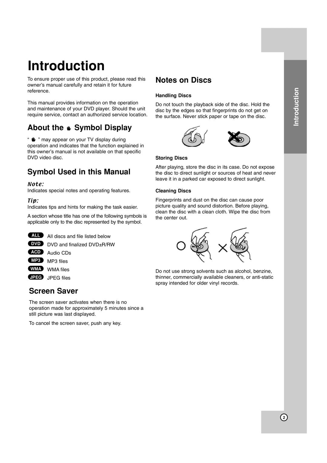 JVC TH-G40 Introduction, About the Symbol Display, Symbol Used in this Manual, Screen Saver, Notes on Discs, Storing Discs 