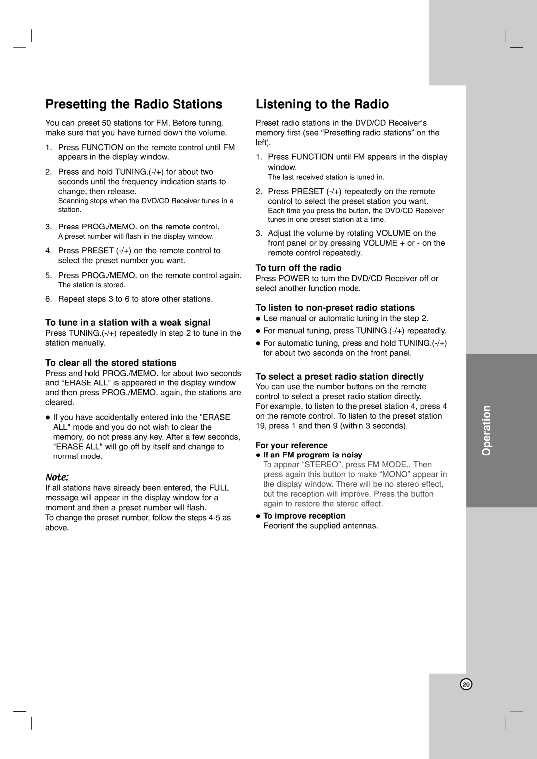 JVC Th-g41 manual Presetting the Radio Stations, Listening to the Radio 