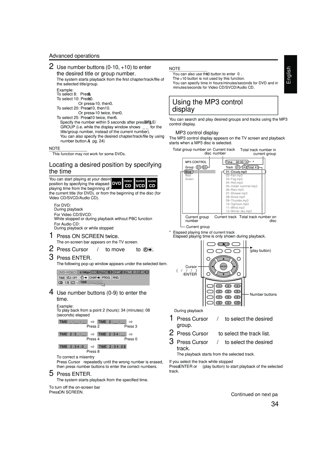 JVC TH-M42 manual Using the MP3 control 