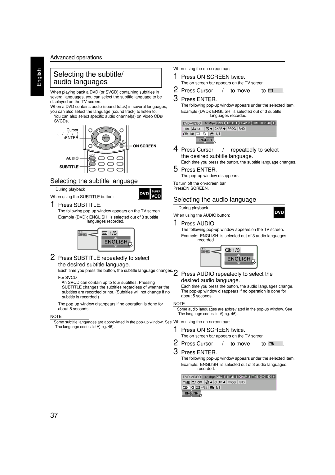 JVC TH-M42 manual Selecting the subtitle/ audio languages 