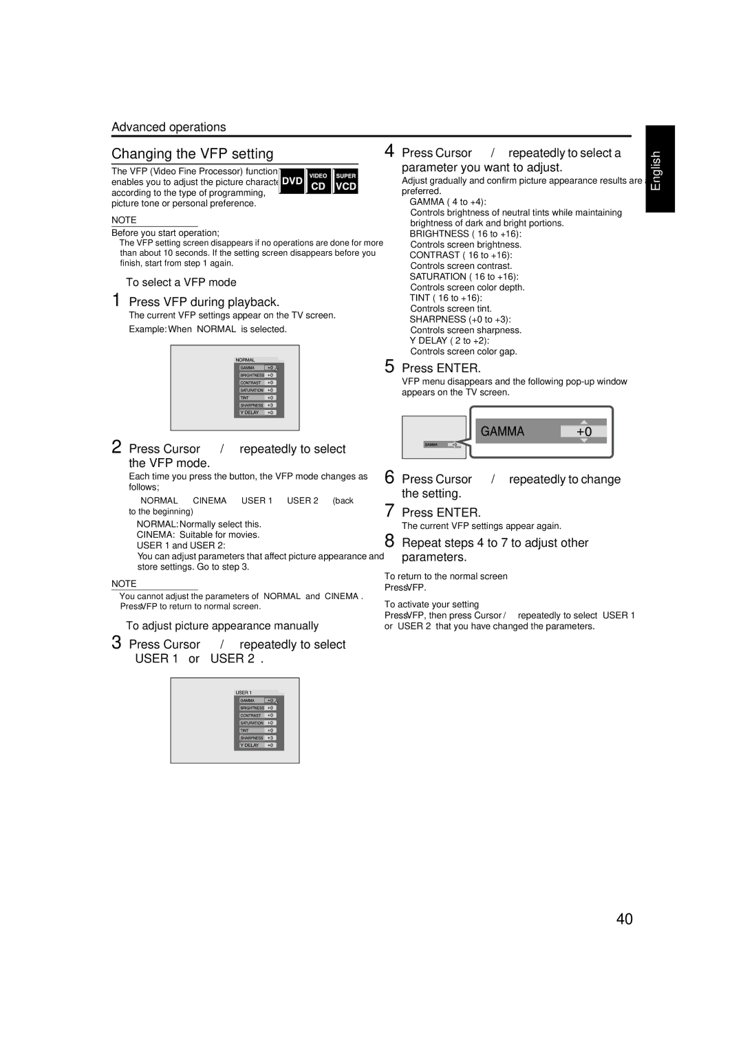 JVC TH-M42 manual Changing the VFP setting, Press Cursor //5repeatedly to select a 