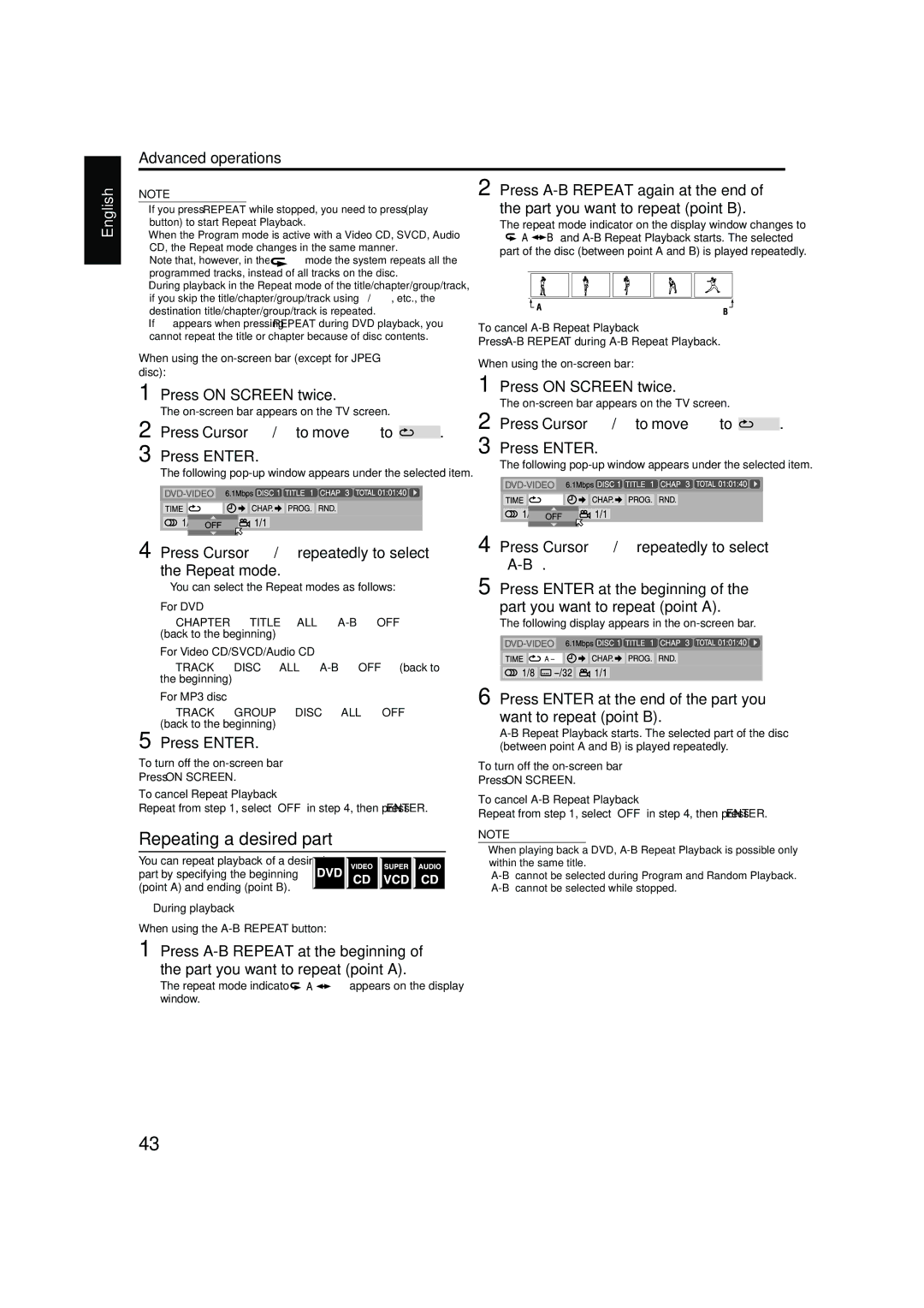 JVC TH-M42 manual Repeat mode Press Enter at the beginning, To cancel Repeat Playback To cancel A-B Repeat Playback 