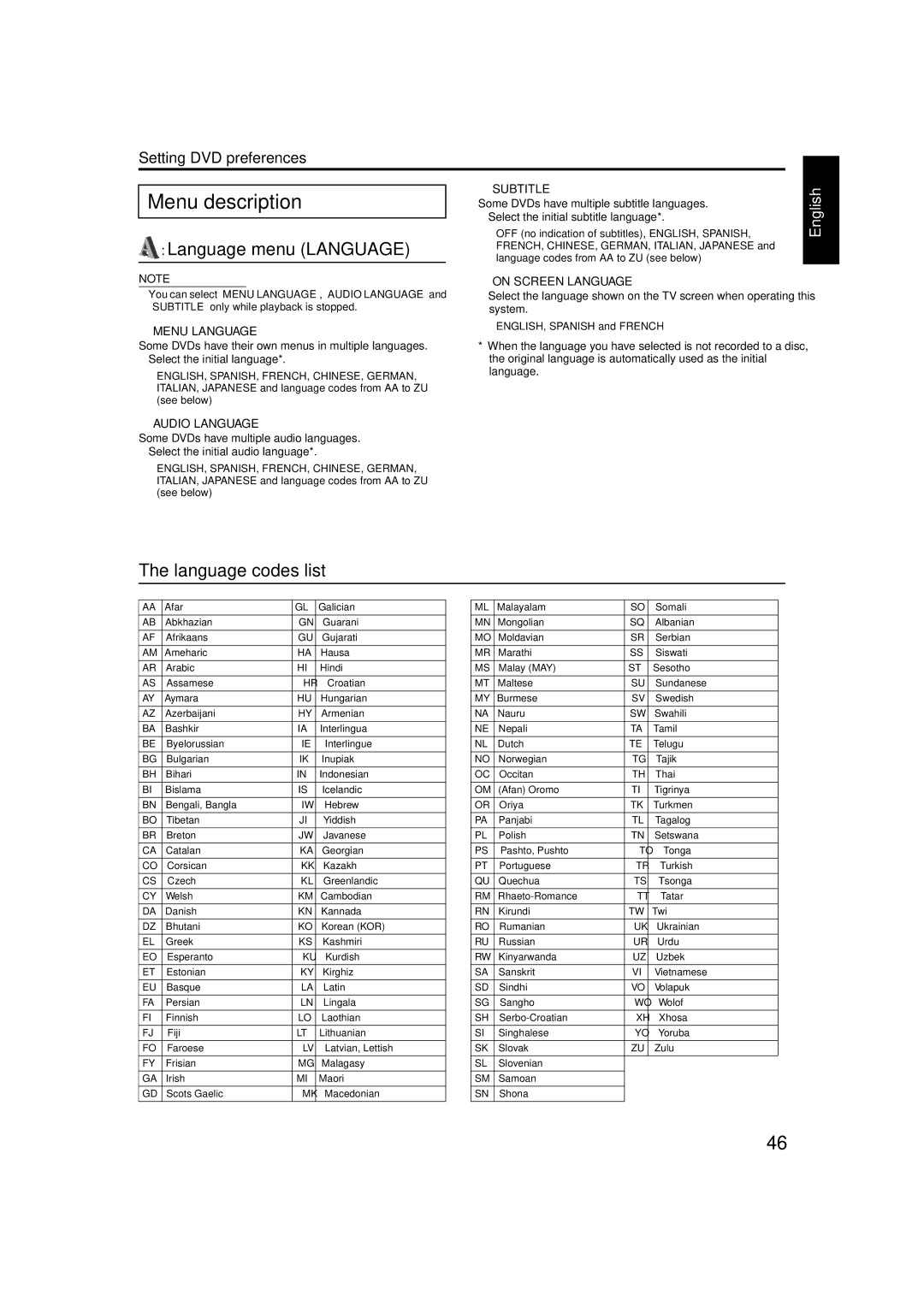 JVC TH-M42 manual Menu Language Subtitle 