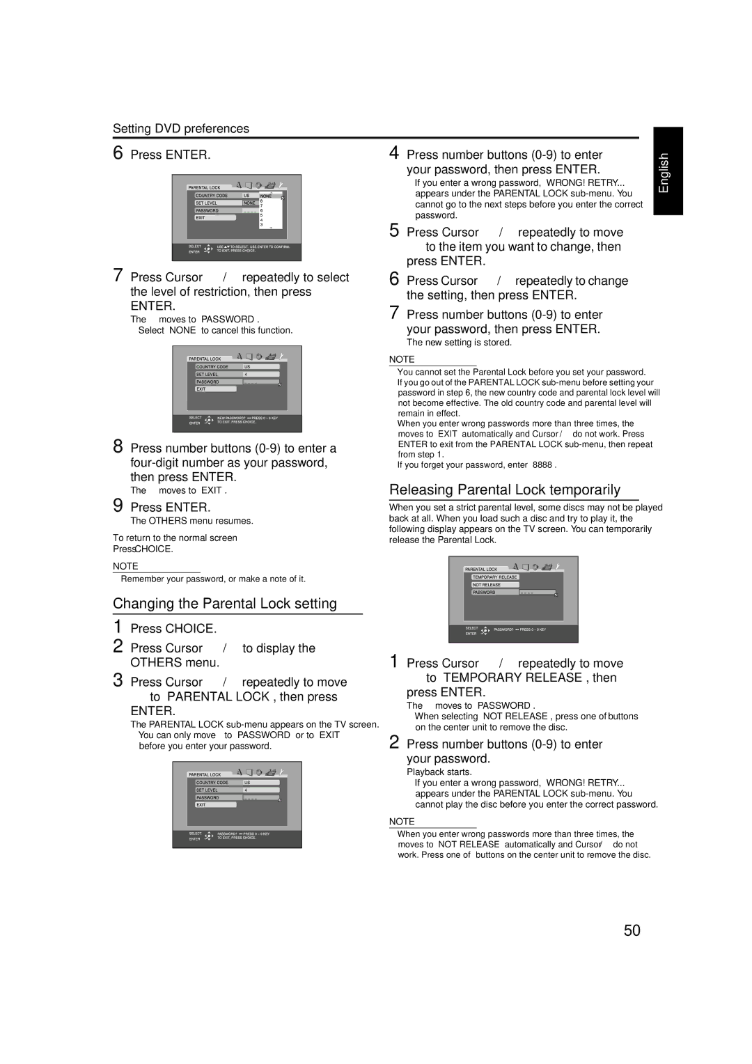 JVC TH-M42 manual Changing the Parental Lock setting 