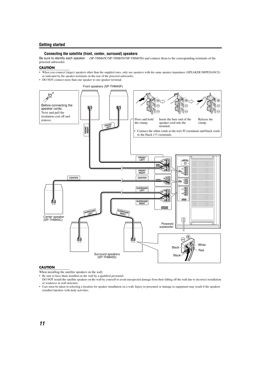 JVC TH-M42 manual Connecting the satellite front, center, surround speakers, Before connecting the speaker cords 