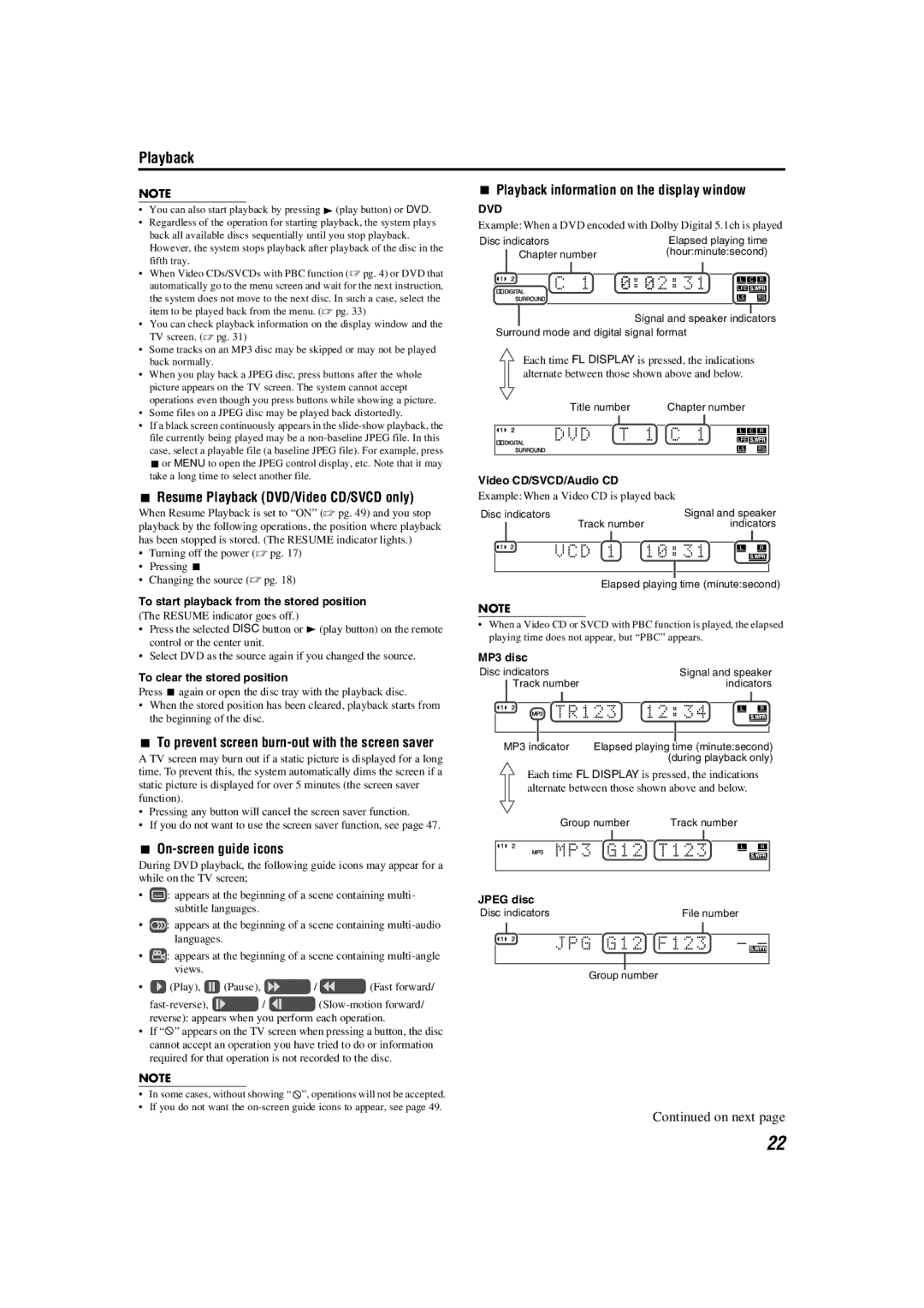 JVC TH-M42 manual Resume Playback DVD/Video CD/SVCD only, On-screen guide icons, Playback information on the display window 