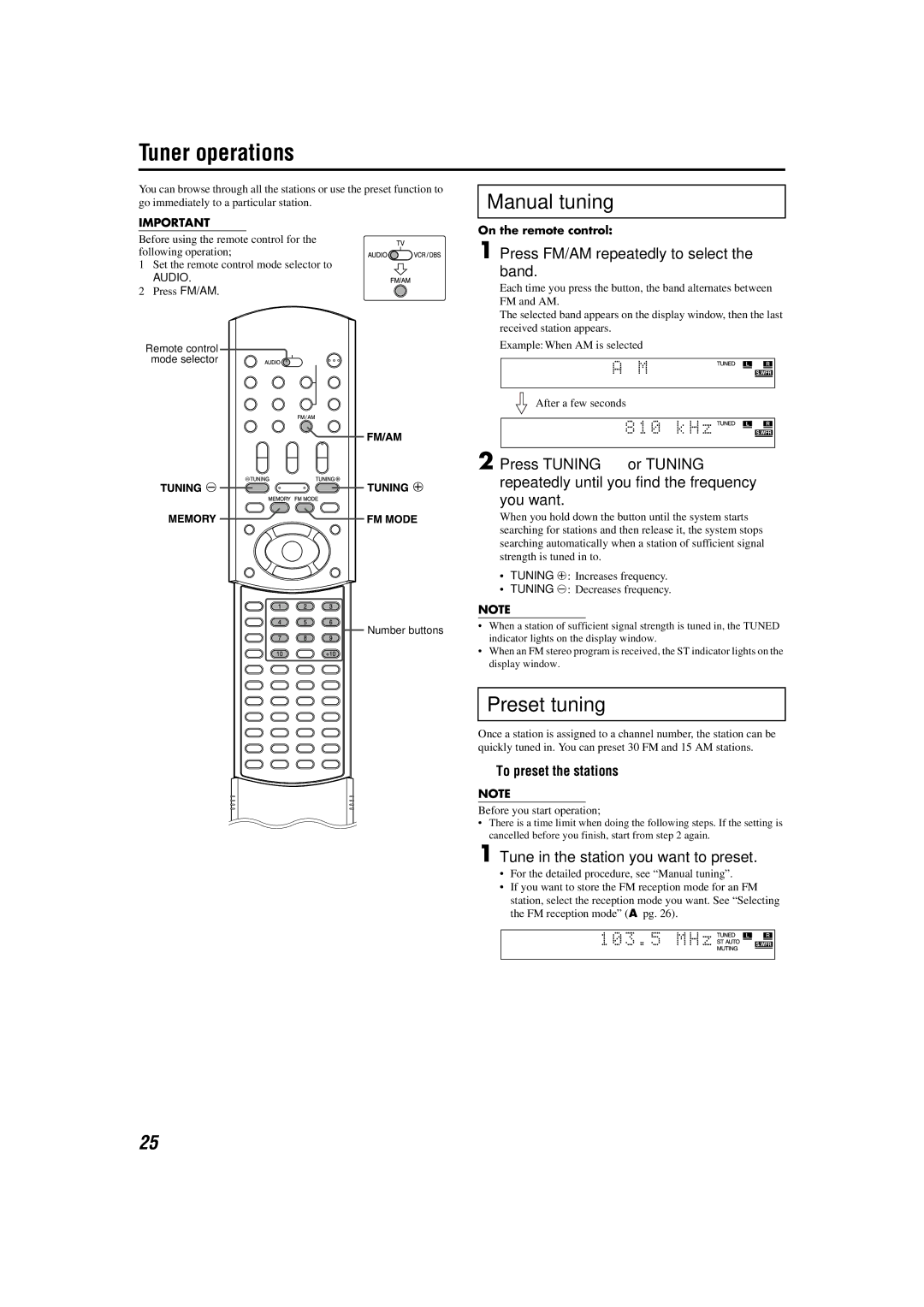 JVC TH-M42 manual Tuner operations, Manual tuning, Preset tuning, Press FM/AM repeatedly to select the band 