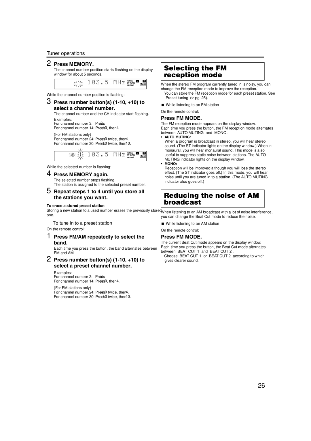 JVC TH-M42 manual Selecting the FM, Reception mode, Reducing the noise of AM broadcast 