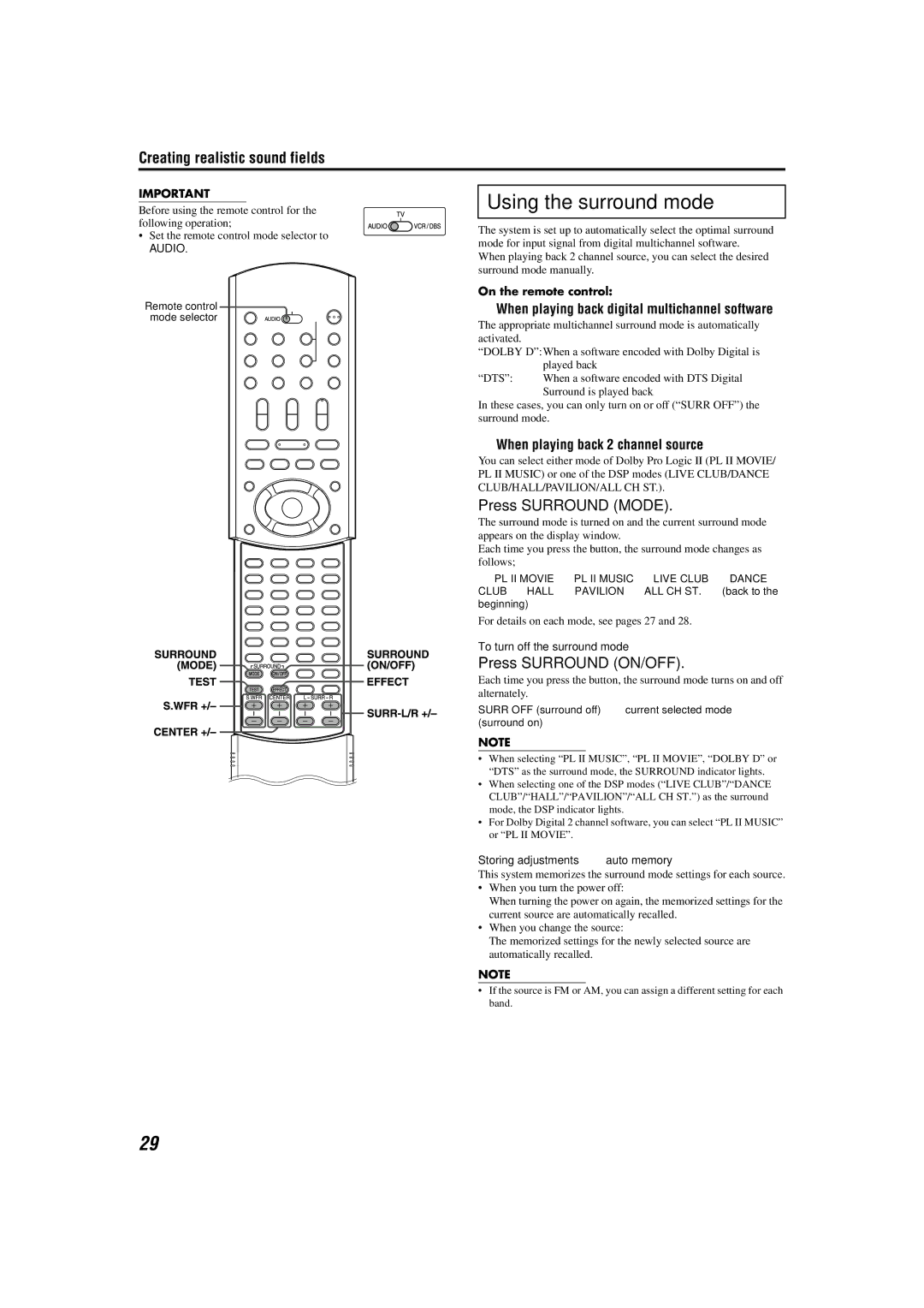 JVC TH-M42 manual Using the surround mode, Press Surround Mode, Press Surround ON/OFF, When playing back 2 channel source 