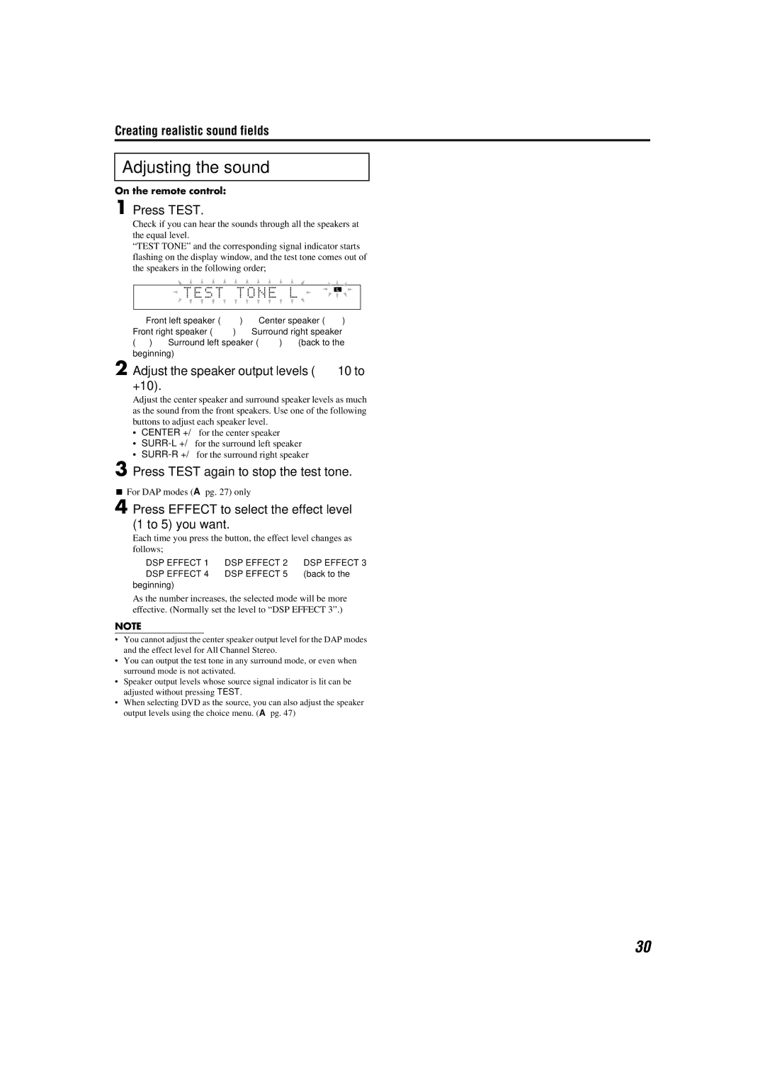 JVC TH-M42 manual Adjusting the sound, Press Test, Adjust the speaker output levels -10 to +10 