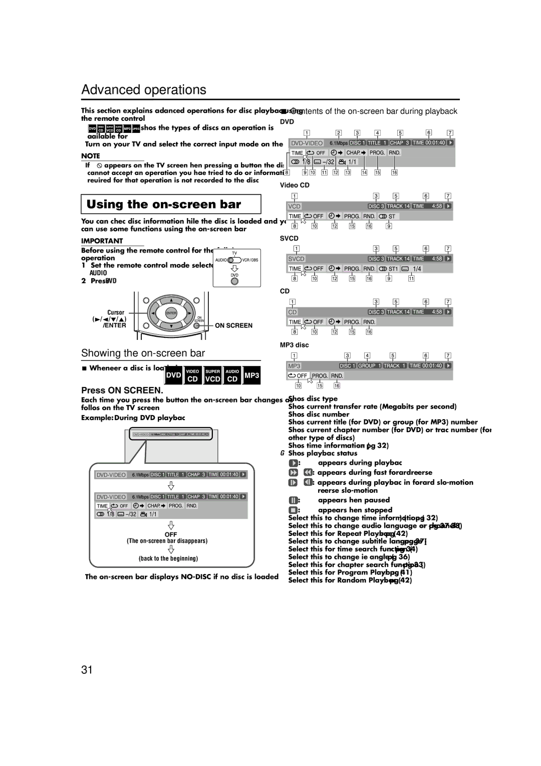 JVC TH-M42 manual Advanced operations, Using the on-screen bar, Showing the on-screen bar, Press on Screen 