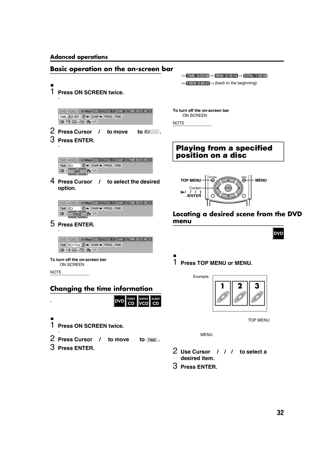 JVC TH-M42 manual Playing from a specified position on a disc, Basic operation on the on-screen bar 