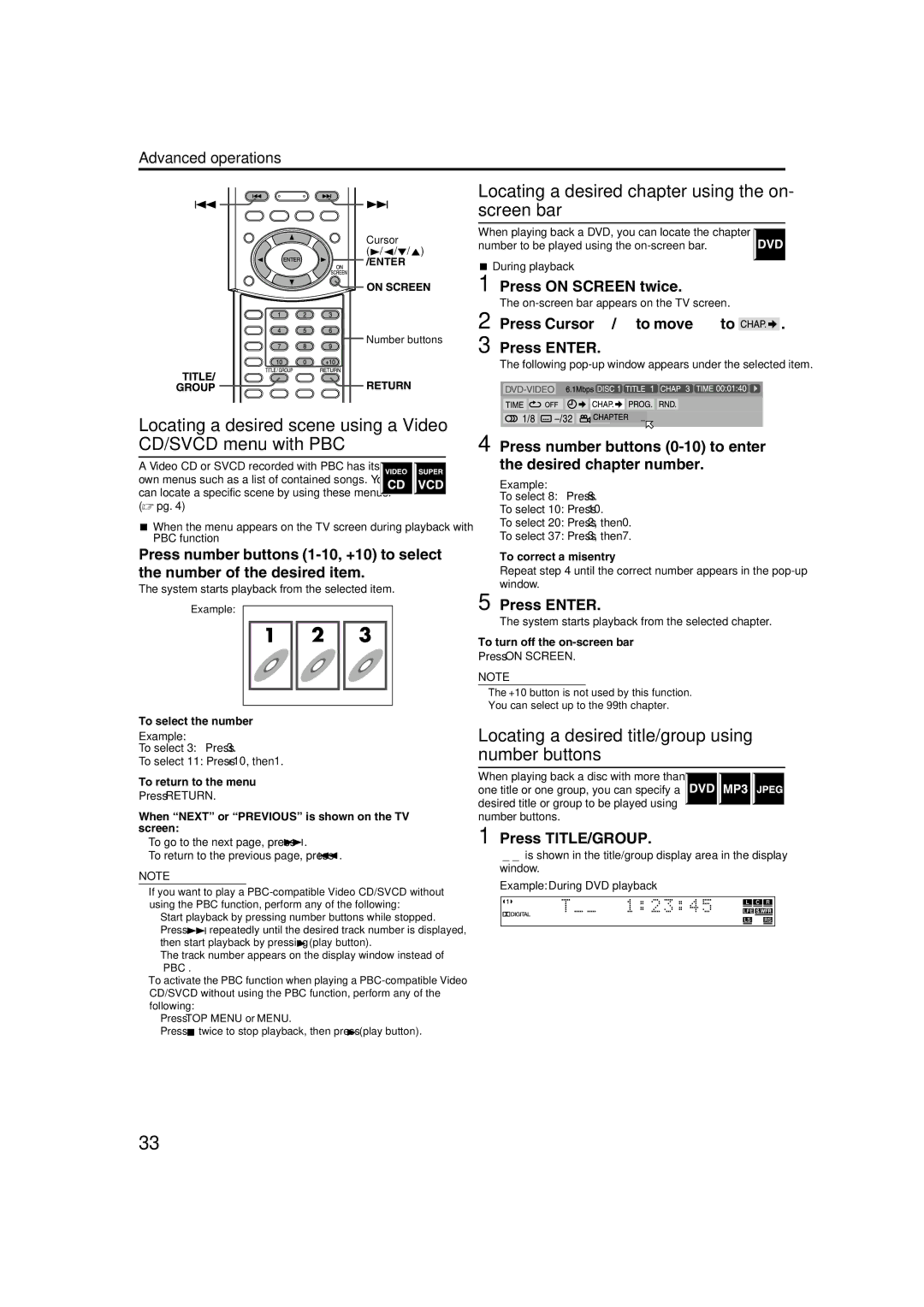 JVC TH-M42 manual Locating a desired chapter using the on- screen bar, Locating a desired title/group using number buttons 