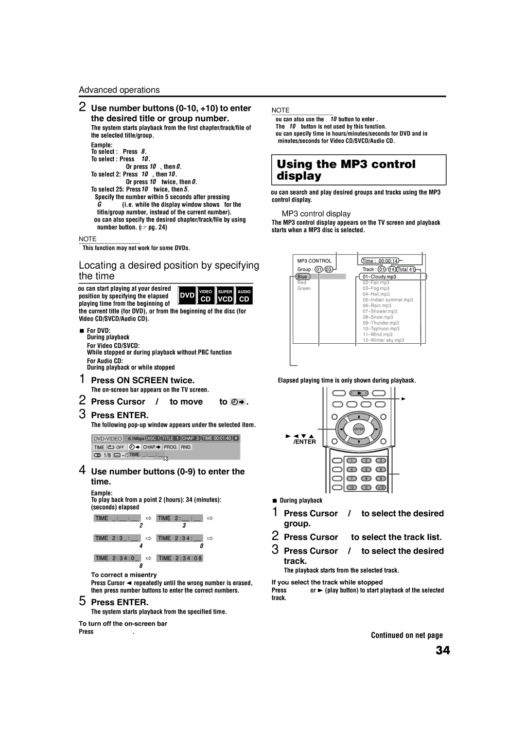 JVC TH-M42 manual Using the MP3 control, Display, Time, Use number buttons 0-9 to enter the time, MP3 control display 