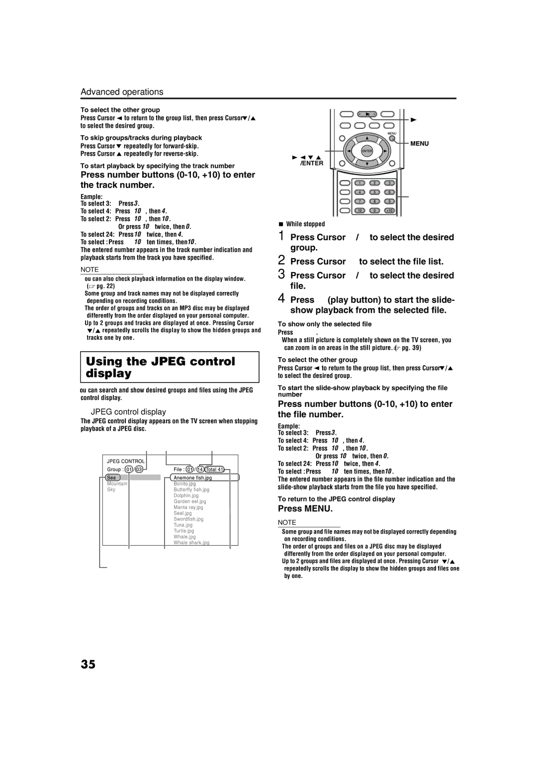 JVC TH-M42 manual Using the Jpeg control display, Press number buttons 0-10, +10 to enter the track number, Press Menu 