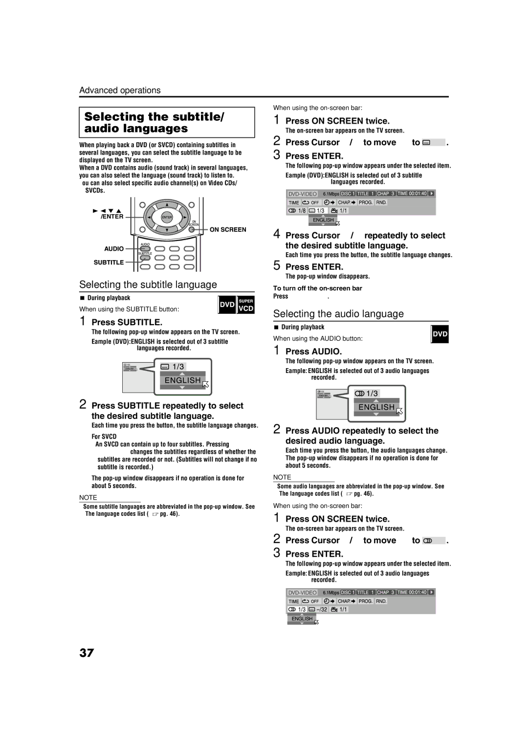 JVC TH-M42 manual Selecting the subtitle/ audio languages, Selecting the subtitle language, Selecting the audio language 