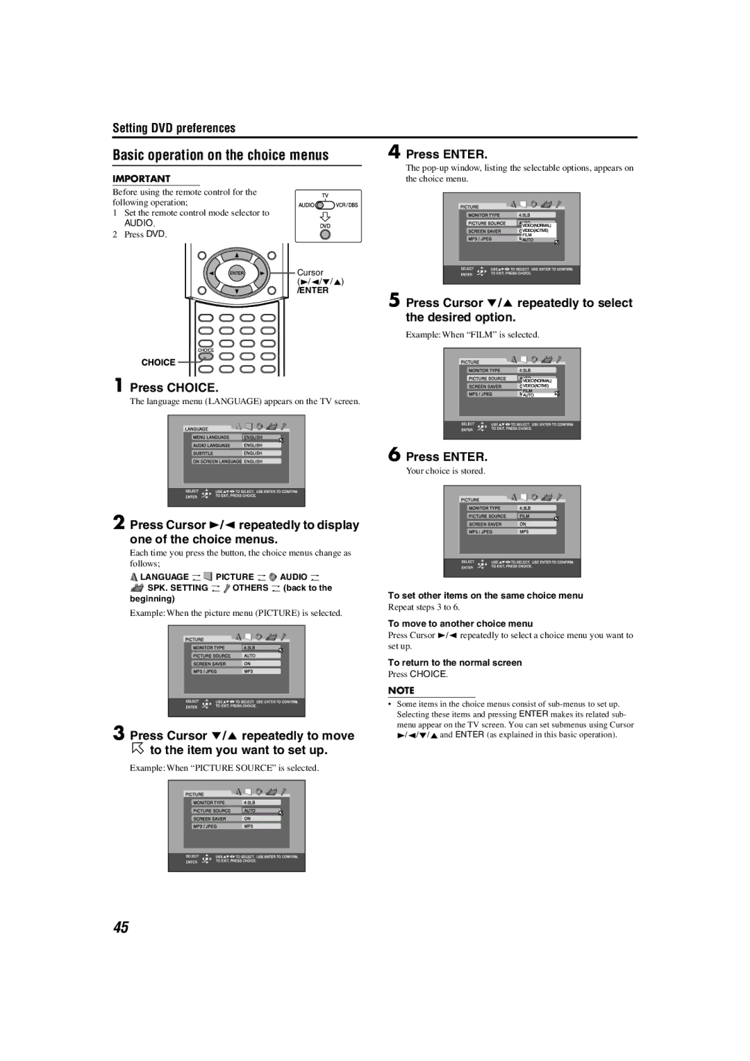 JVC TH-M42 Basic operation on the choice menus, Press Choice, Press Cursor //5 repeatedly to select the desired option 