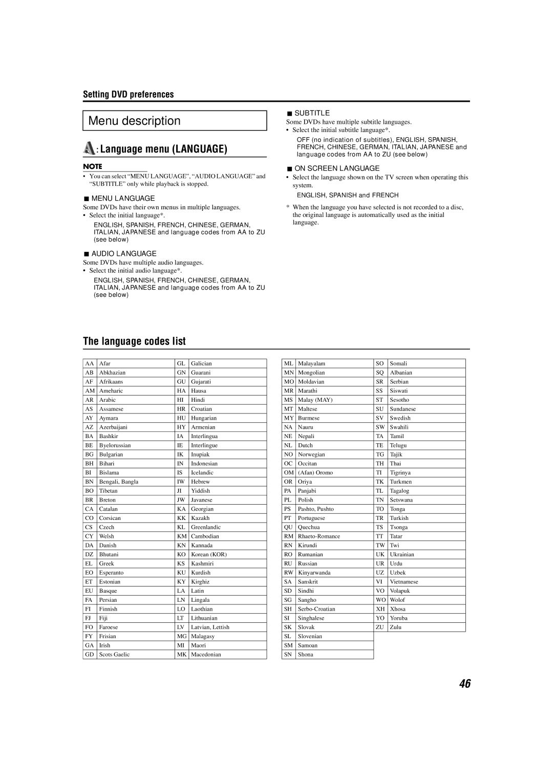 JVC TH-M42 manual Menu description, Language menu Language, Language codes list 