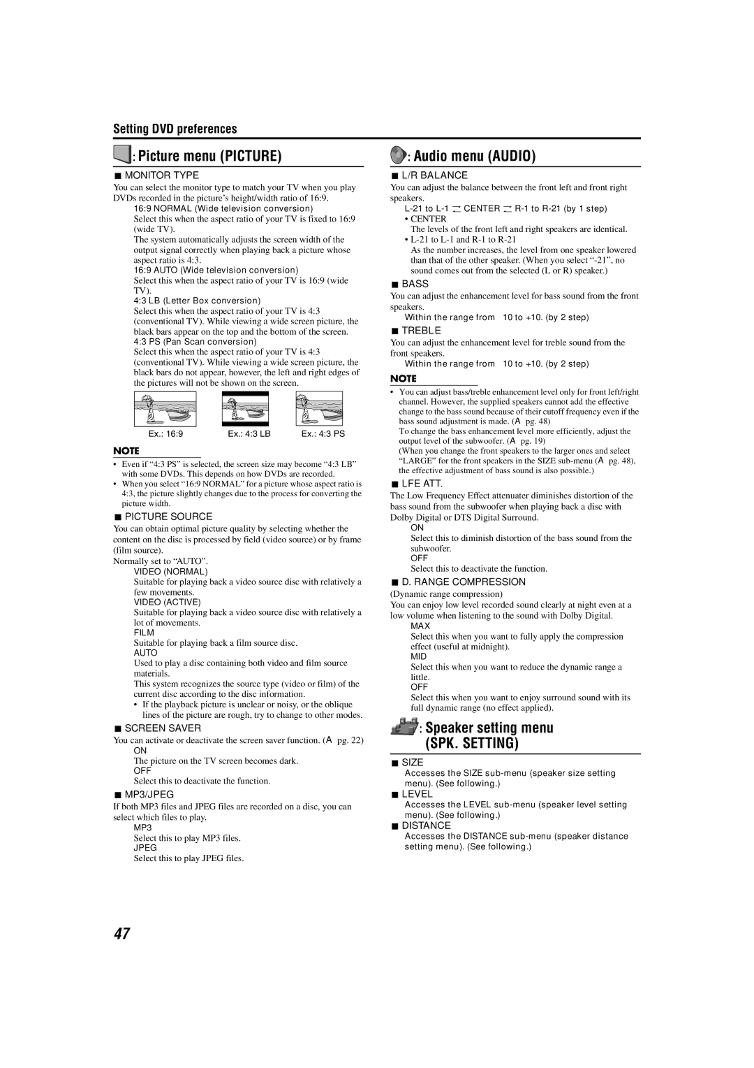 JVC TH-M42 manual Picture menu Picture, Audio menu Audio, Speaker setting menu 