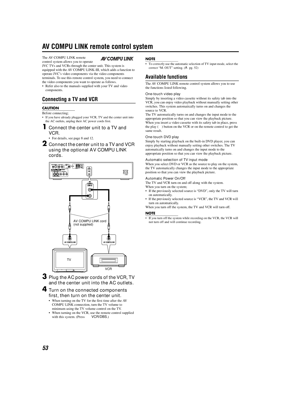 JVC TH-M42 manual AV Compu Link remote control system, Connecting a TV and VCR, Available functions 