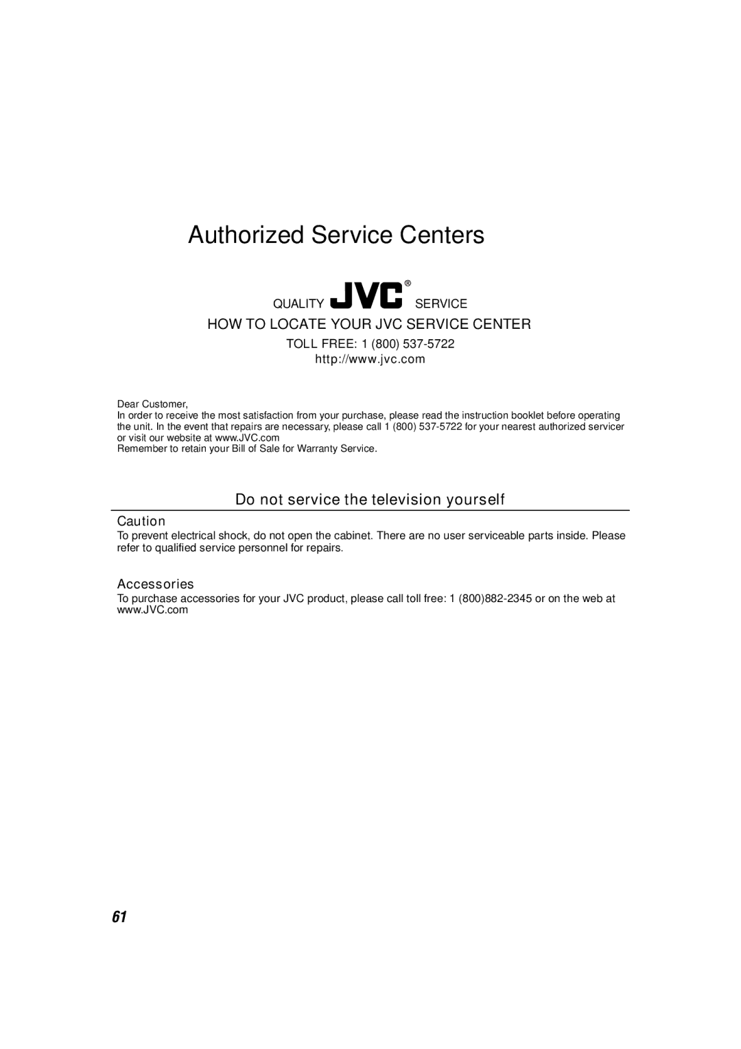 JVC TH-M42 manual Authorized Service Centers, Toll Free 1 800 