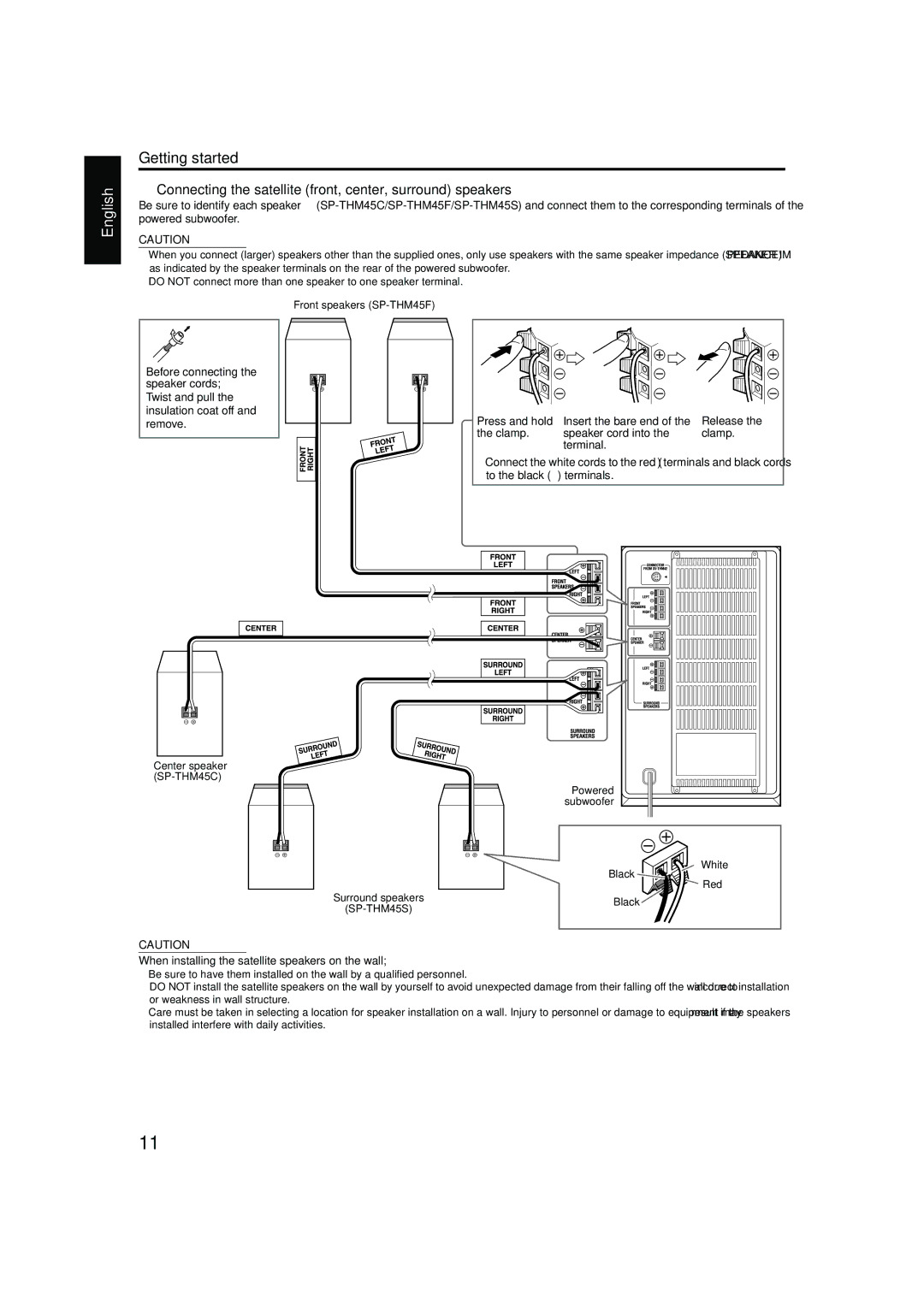 JVC TH-M42 manual Connecting the satellite front, center, surround speakers 