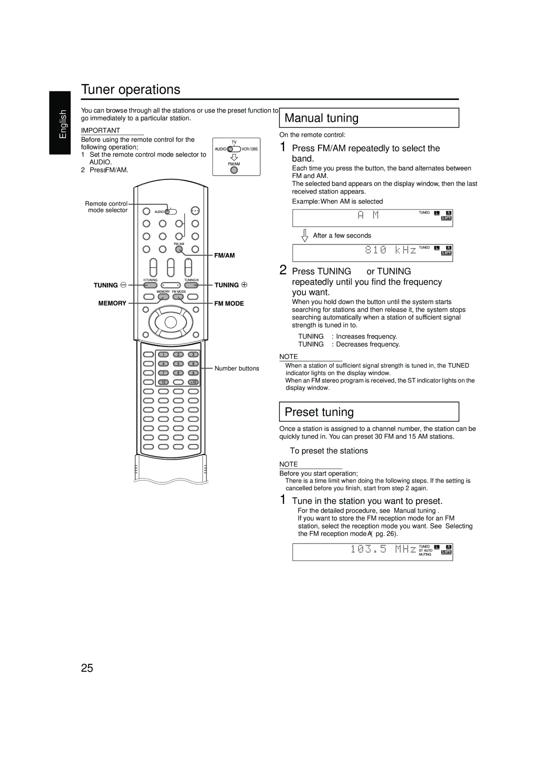 JVC TH-M42 manual Tuner operations 