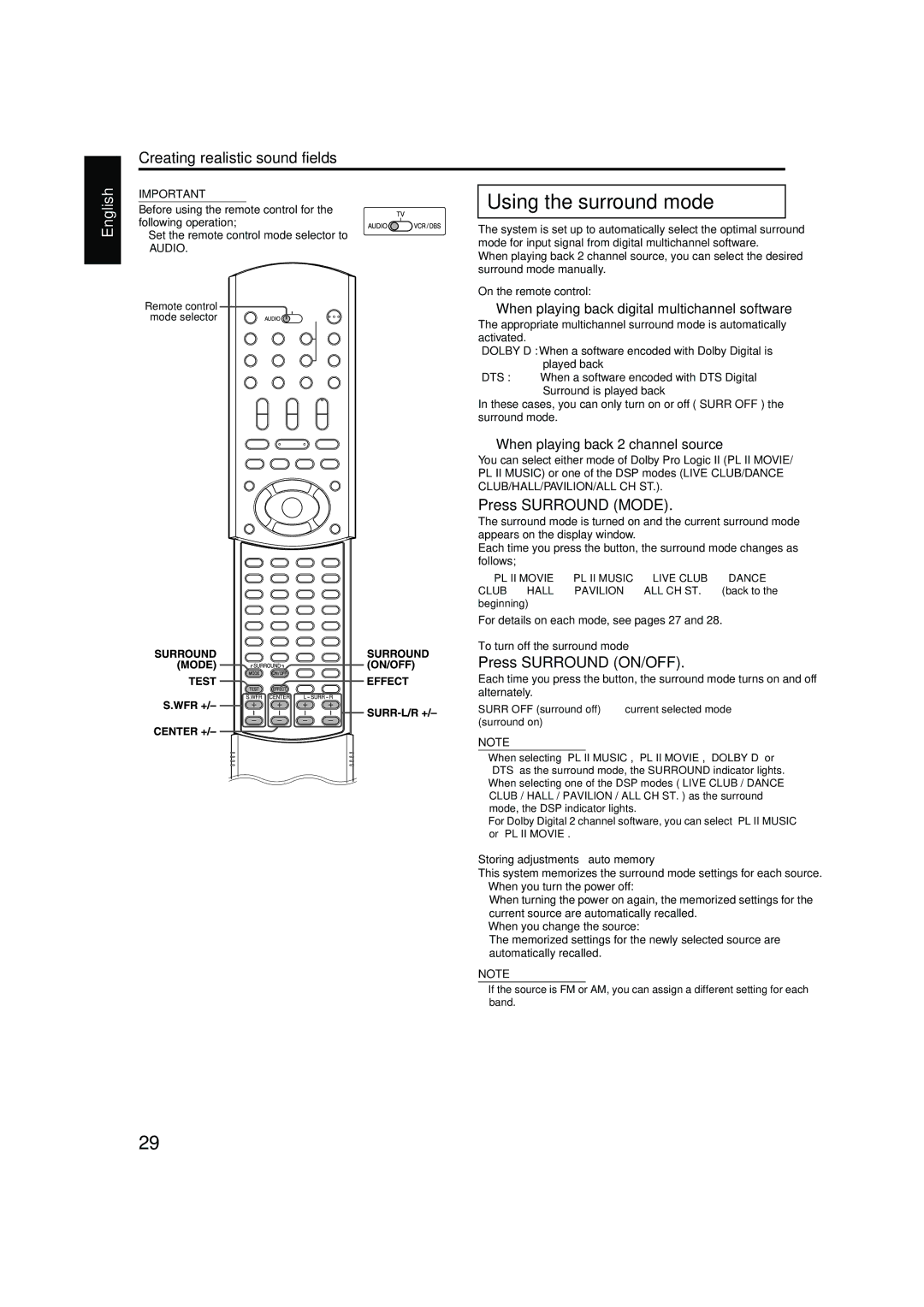 JVC TH-M42 manual PL II Movie PL II Music Live Club Dance 