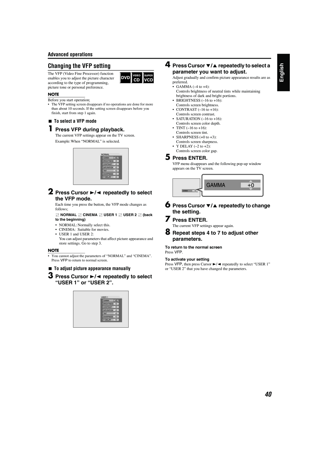 JVC TH-M42 Press Cursor //5repeatedly to select a, parameter you want to adjust, Changing the VFP setting, Press ENTER 