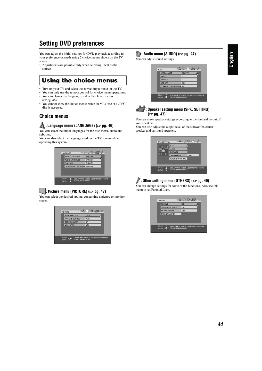 JVC TH-M42 manual Setting DVD preferences, Using the choice menus, Choice menus, English, Language menu LANGUAGE A pg 