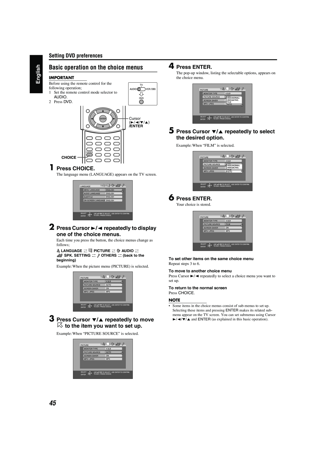 JVC TH-M42 manual Basic operation on the choice menus, Setting DVD preferences, Press ENTER, Press CHOICE 