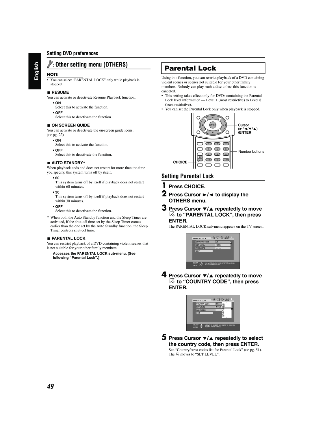 JVC TH-M42 manual Other setting menu OTHERS, Setting Parental Lock, Setting DVD preferences, English, Enter 