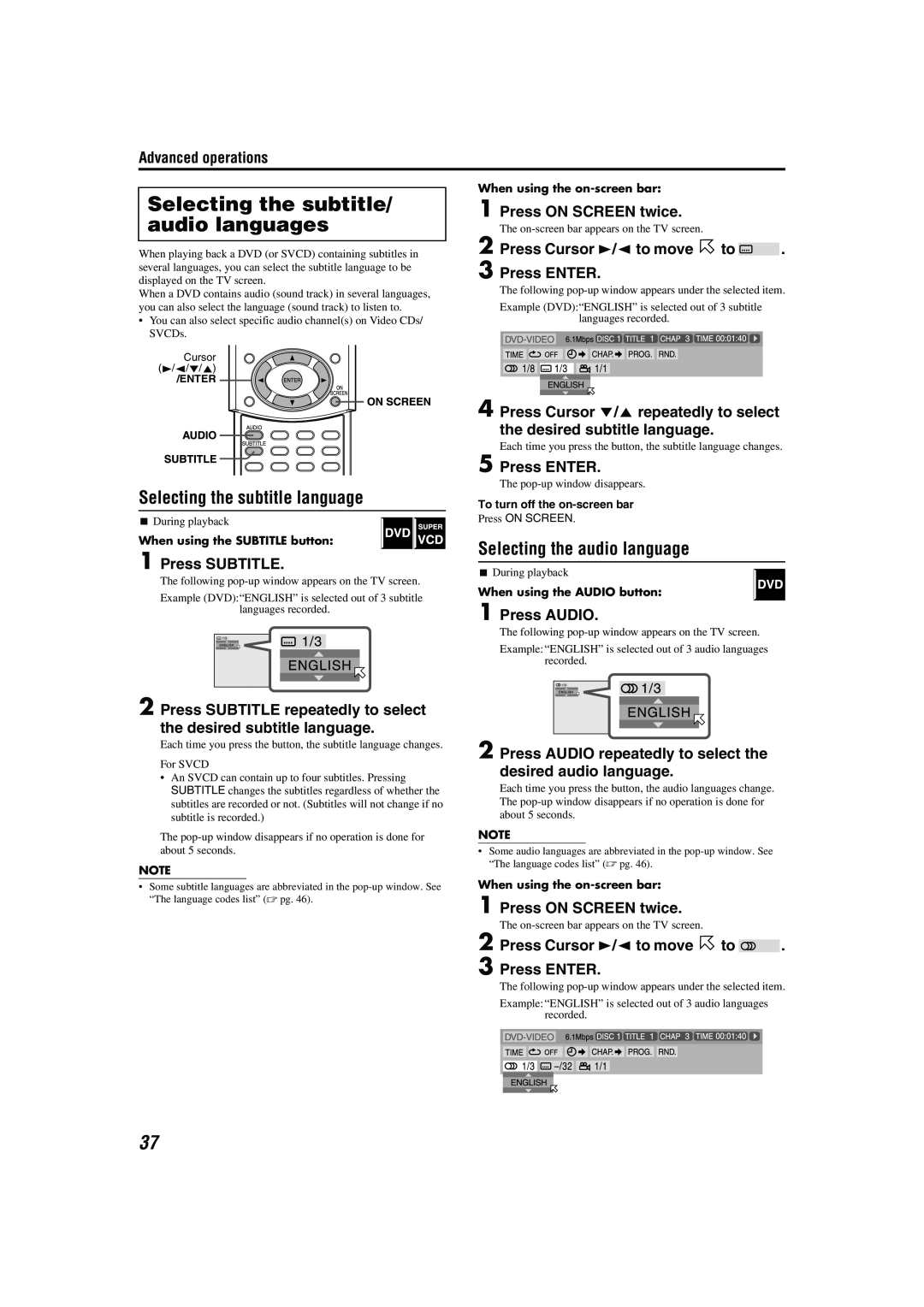 JVC TH-M42 manual Selecting the subtitle/ audio languages, Selecting the subtitle language, Selecting the audio language 