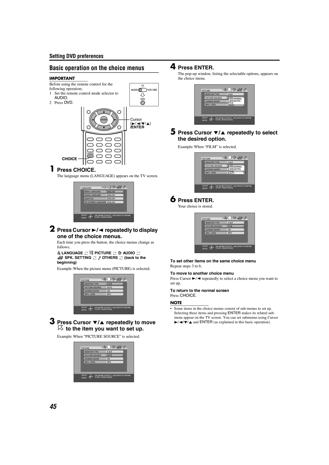 JVC TH-M42 manual Basic operation on the choice menus, Press ENTER, Press CHOICE, Press Cursor //5 repeatedly to move 