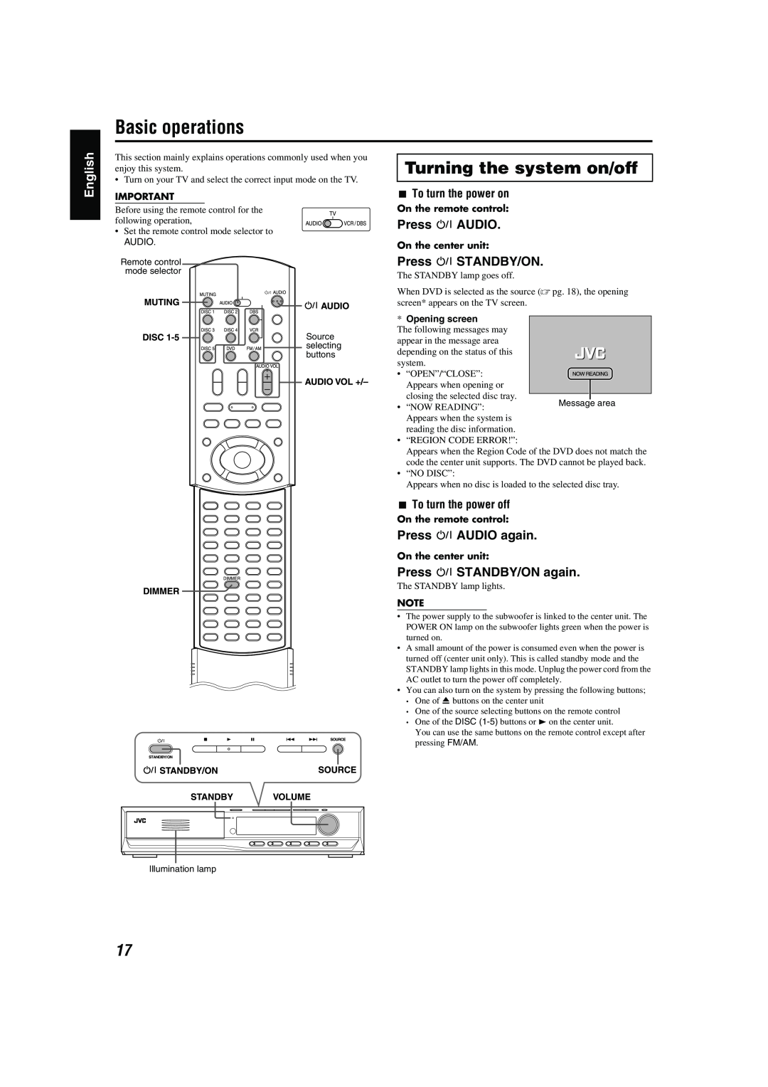 JVC TH-M42 manual Basic operations, Turning the system on/off, English, Press F STANDBY/ON, Press F AUDIO again 