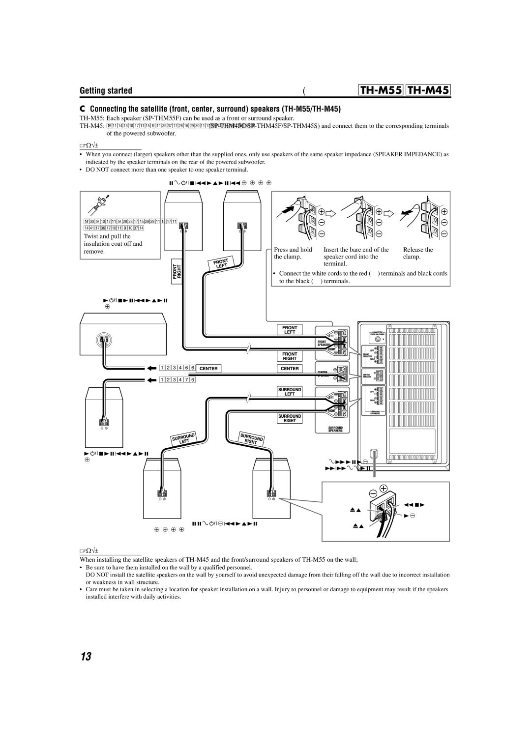 JVC manual TH-M55 TH-M45, TH-M45Be sure to identify each speaker, Powered subwoofer, Terminals and black cords 