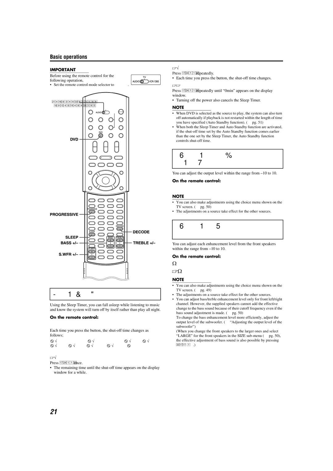 JVC TH-M55, TH-M45 Using the Sleep Timer, Adjusting the output level of the subwoofer, Adjusting the bass/treble sound 