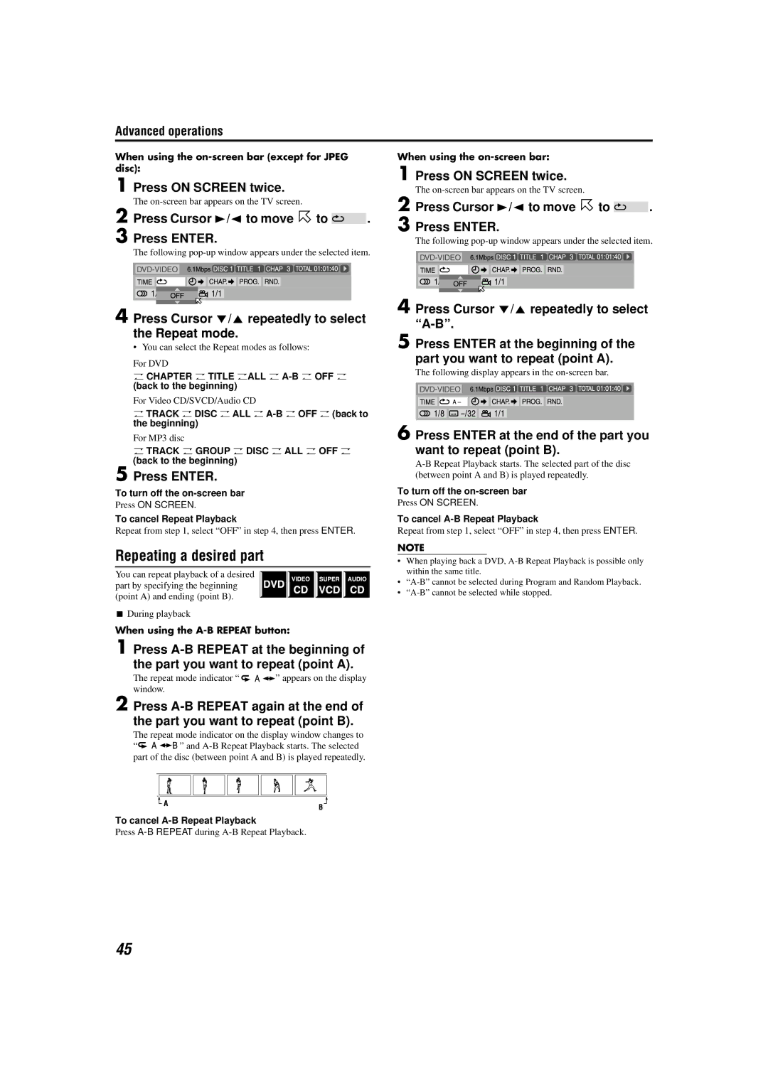 JVC TH-M55, TH-M45 manual Repeating a desired part, Press Cursor //5 repeatedly to select the Repeat mode 