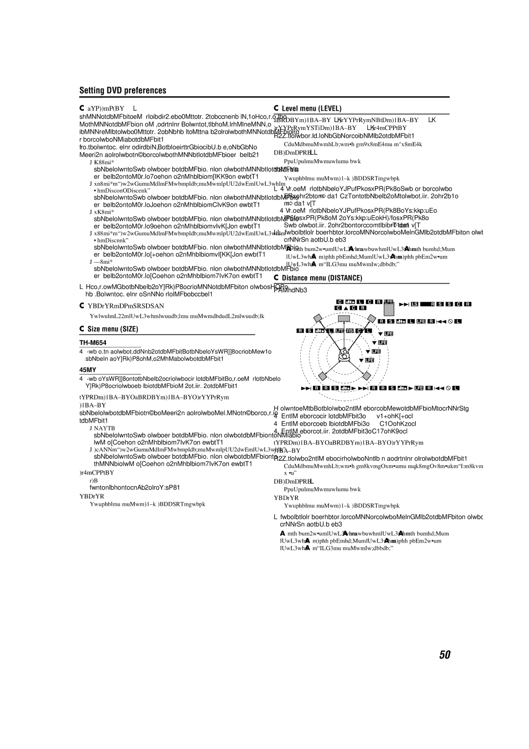 JVC TH-M45, TH-M55 manual Size menu Size, Level menu Level, Distance menu Distance 