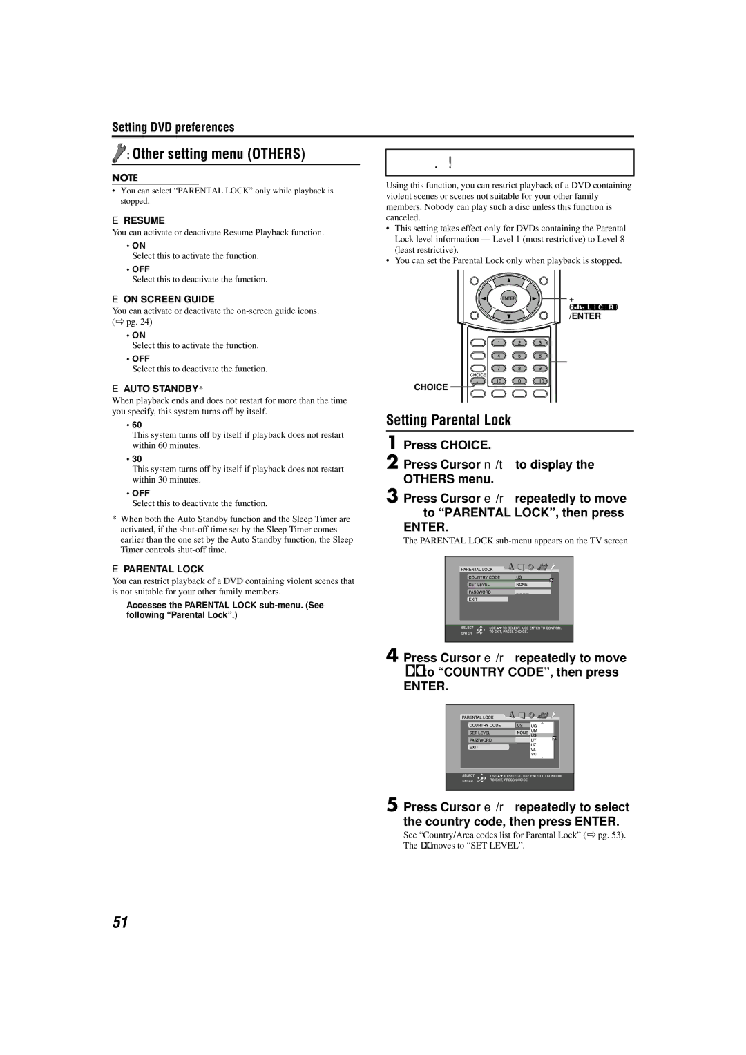 JVC TH-M55 Other setting menu Others, Setting Parental Lock, Press Choice Press Cursor 3/2 to display Others menu 