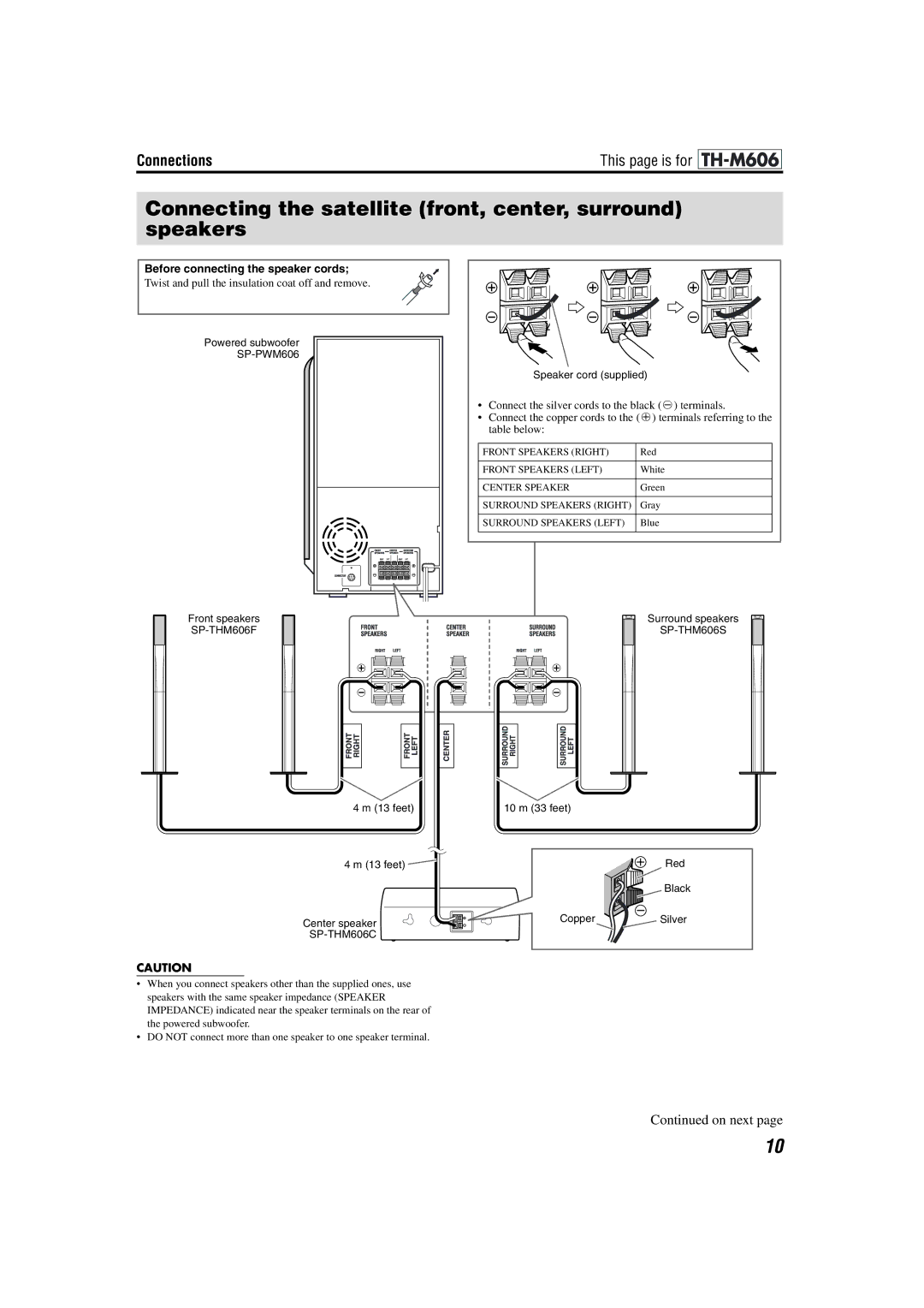 JVC TH-M505, TH-M603 manual Connecting the satellite front, center, surround speakers, Before connecting the speaker cords 