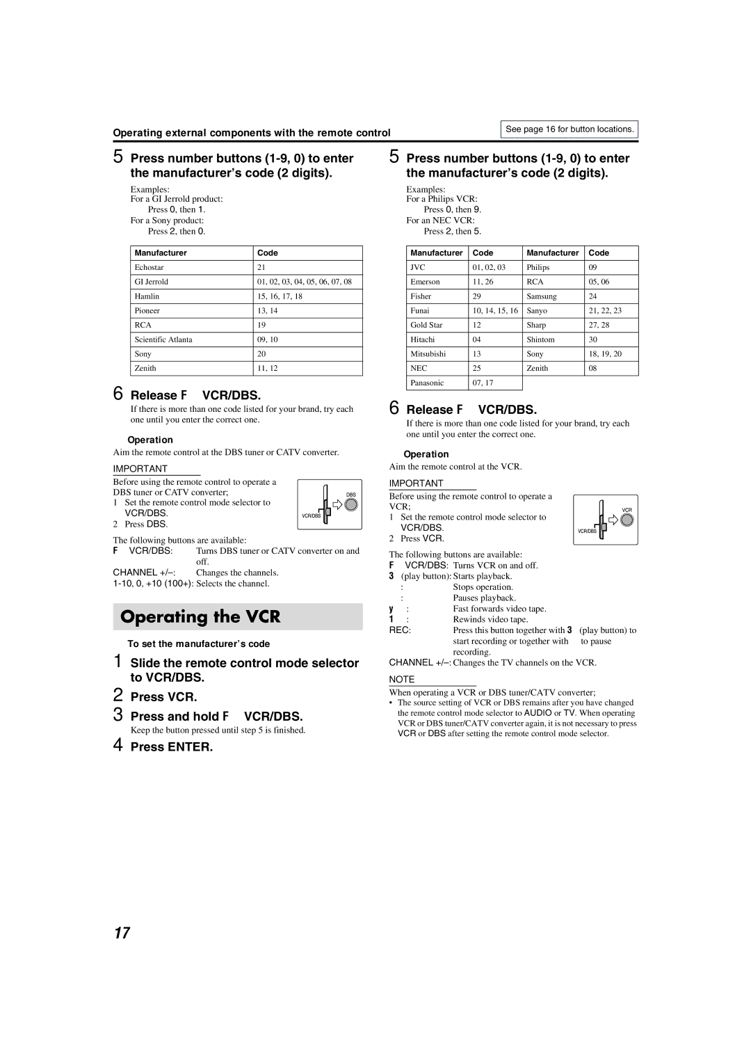 JVC TH-M606 manual Operating the VCR, Operating external components with the remote control, Release F VCR/DBS, Recording 