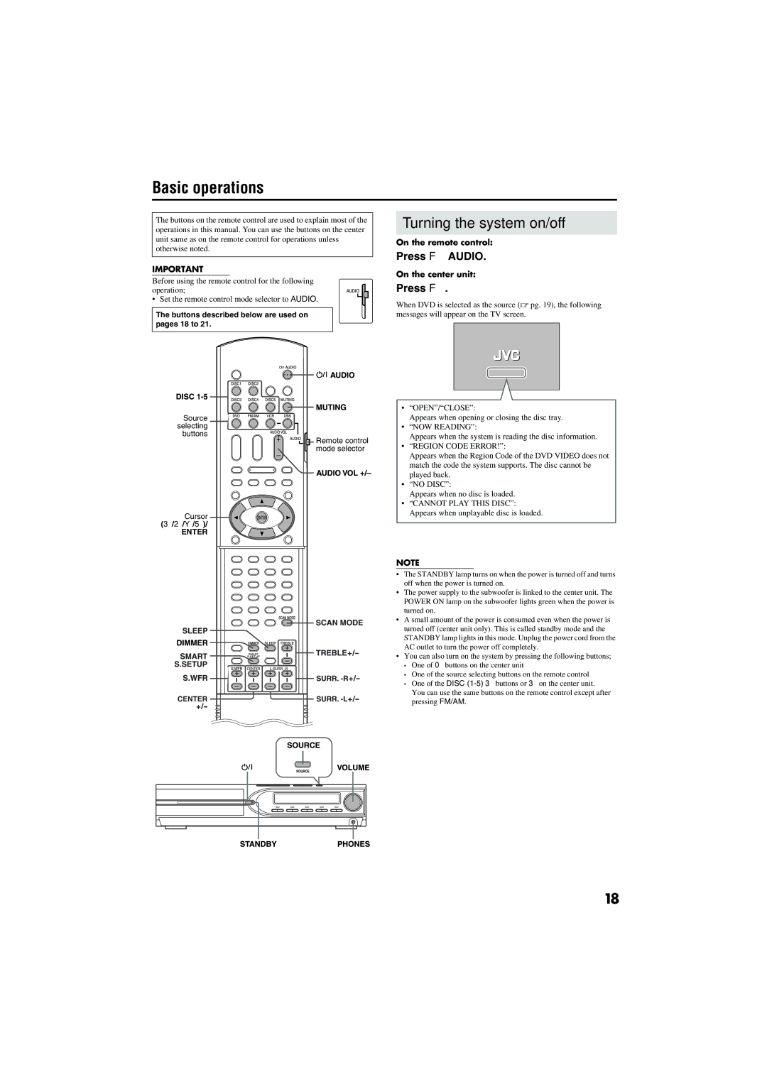 JVC TH-M303, TH-M603, TH-M505, TH-M606, TH-M501, TH-M301 manual Basic operations, Turning the system on/off, Press F Audio 