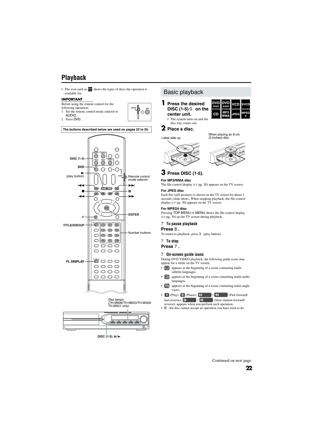 JVC TH-M505, TH-M603, TH-M606, TH-M303, TH-M501, TH-M301 manual Playback, Basic playback 