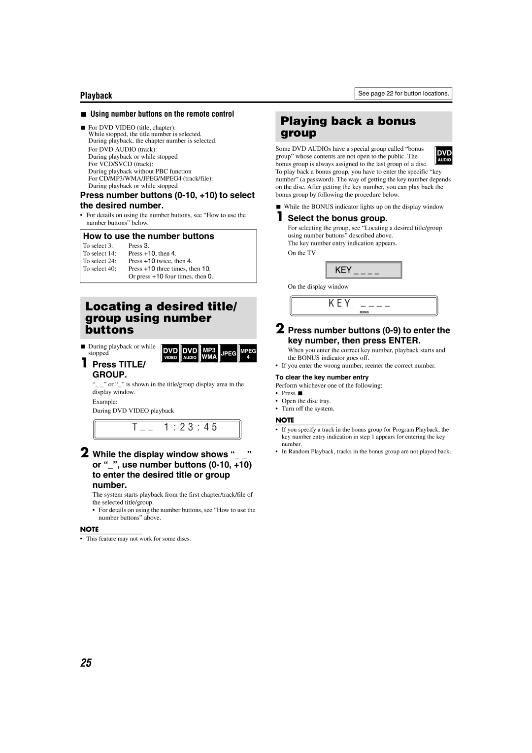 JVC TH-M501, TH-M603, TH-M505 manual Locating a desired title/ group using number buttons, Playing back a bonus group, 2 3 4 