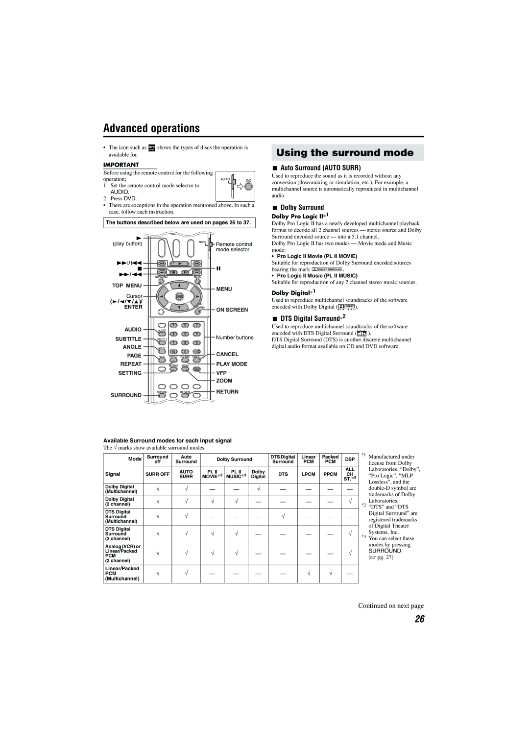 JVC TH-M301 Advanced operations, Using the surround mode, Auto Surround Auto Surr, Dolby Surround, DTS Digital Surround*2 