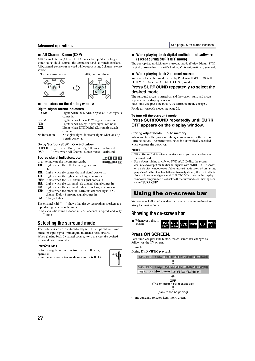 JVC TH-M603, TH-M505 manual Using the on-screen bar, Selecting the surround mode, Showing the on-screen bar, Press on Screen 