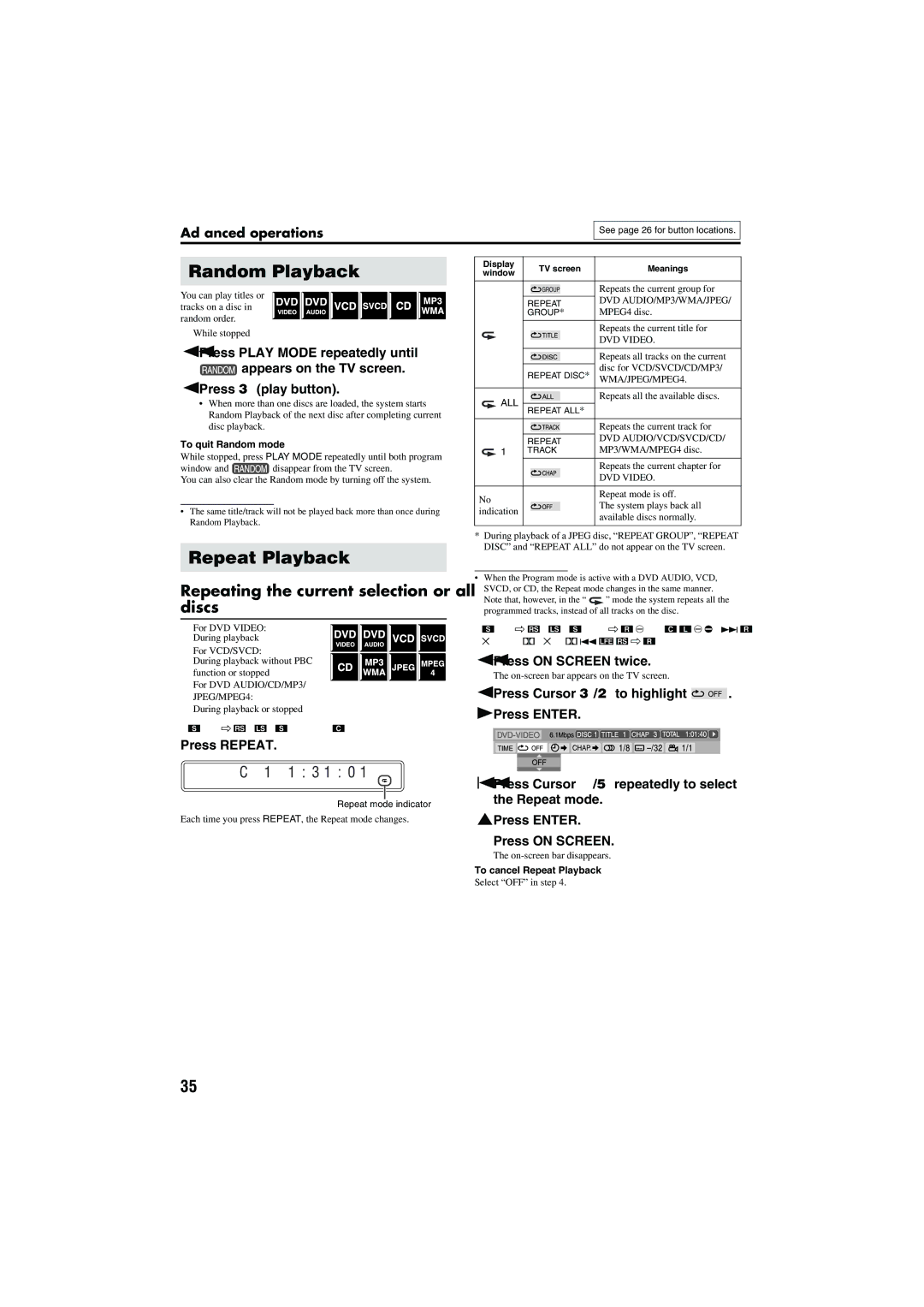 JVC TH-M606, TH-M603 Random Playback, Repeat Playback, Repeating the current selection or all discs, 1 3 1 0, Press Repeat 