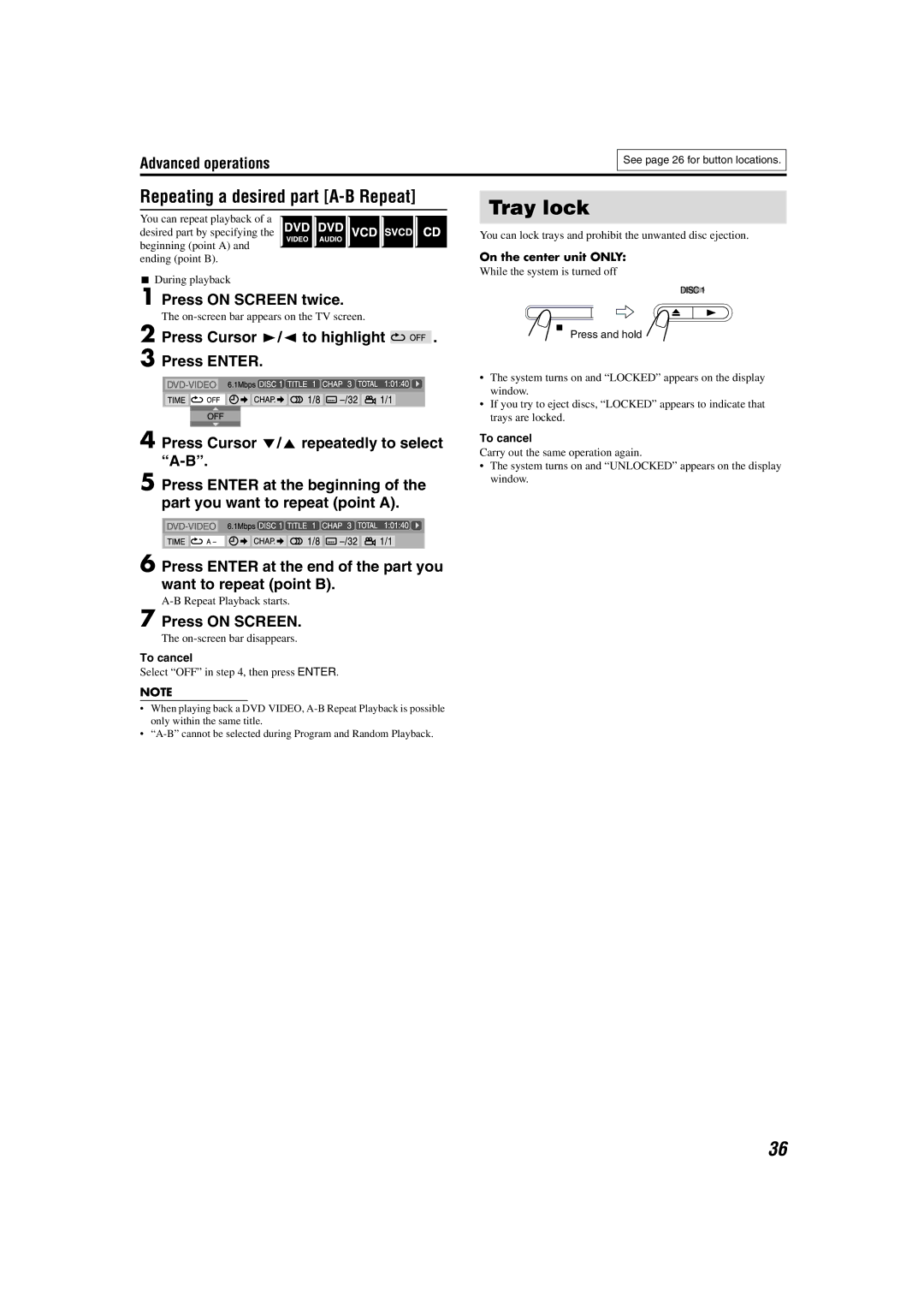 JVC TH-M303, TH-M603, TH-M505, TH-M606, TH-M501, TH-M301 manual Tray lock, Repeating a desired part A-B Repeat 