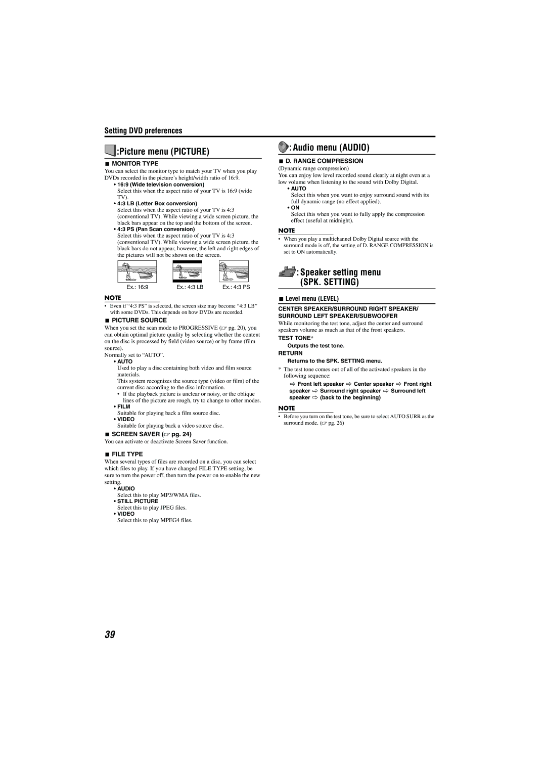 JVC TH-M603, TH-M505, TH-M606, TH-M303, TH-M501, TH-M301 manual Picture menu Picture, Audio menu Audio, Speaker setting menu 